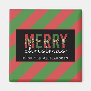 Modern Christmas Leopard Print Red Green Stripes Magnet