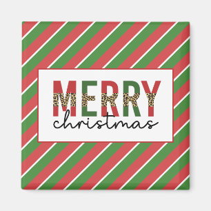 Modern Christmas Leopard Print Red Green Stripes Magnet