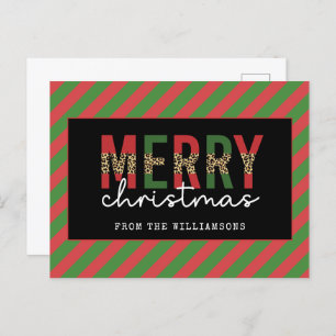 Modern Christmas Leopard Print Red Green Stripes Postcard
