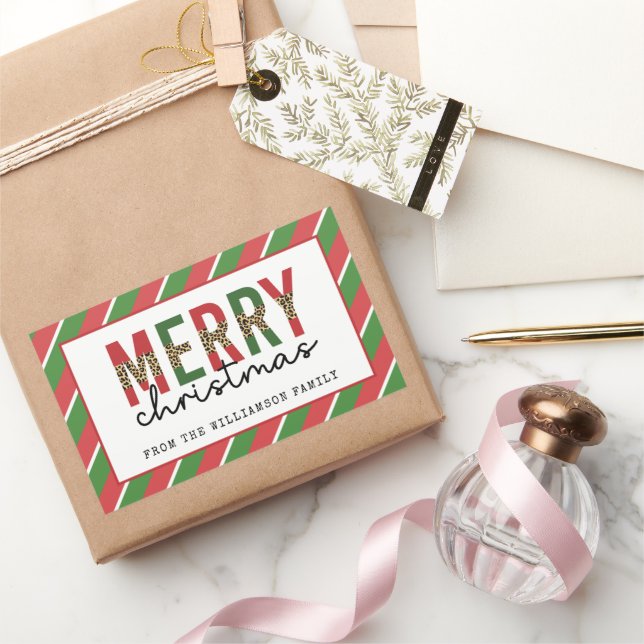 Modern Christmas Leopard Print Red Green Stripes Rectangular Sticker (Gifting)