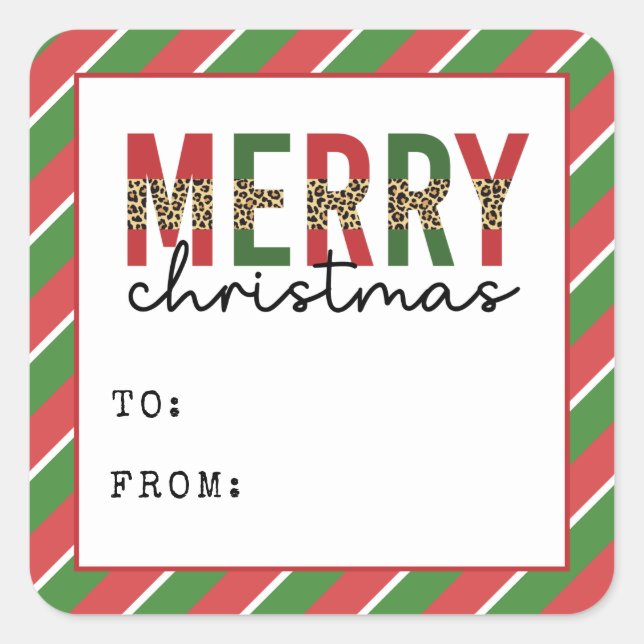 Modern Christmas Leopard Print Red Green Stripes Square Sticker (Front)