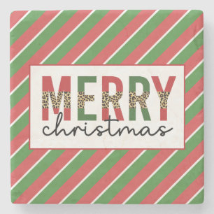 Modern Christmas Leopard Print Red Green Stripes Stone Coaster