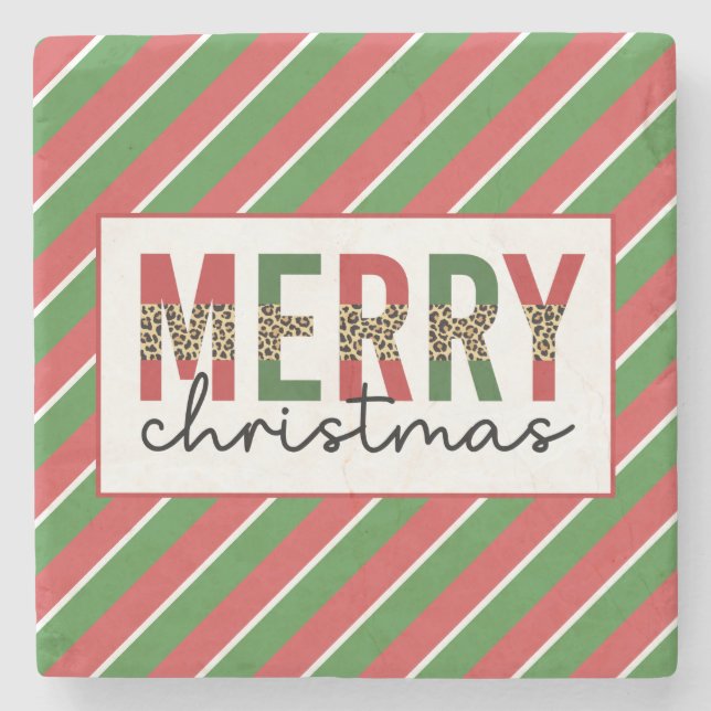 Modern Christmas Leopard Print Red Green Stripes Stone Coaster (Front)