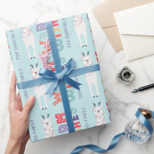 Modern Christmas Llama String Lights Name Wrapping Paper
