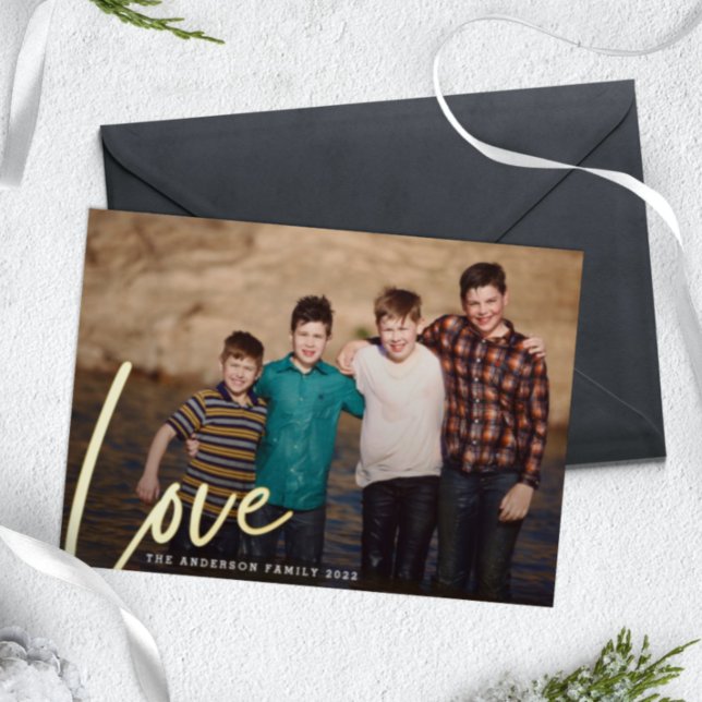 Modern Christmas LOVE Hand Lettering Family Photo Foil Holiday Card (Creator Uploaded)