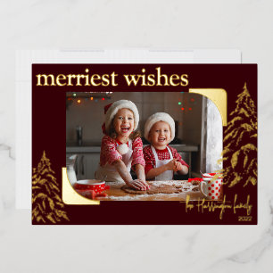 Modern Christmas Merriest Wishes Photo Metallic Foil Holiday Card