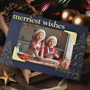 Modern Christmas Merriest Wishes Photo Metallic Foil Holiday Card