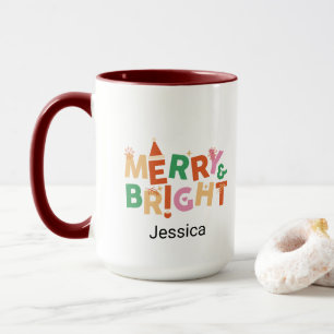 Modern Christmas Merry and Bright Colourful Name  Mug