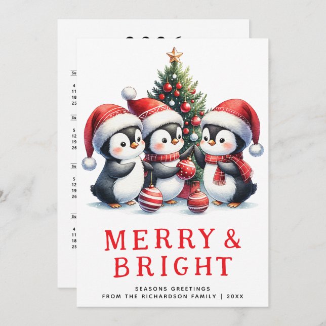 Modern Christmas Merry and Bright Cute Penguins Holiday Card (Front/Back)