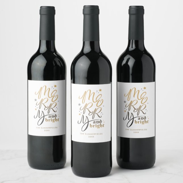 Modern Christmas Merry and Bright Gold Script Wine Label (Bottles)