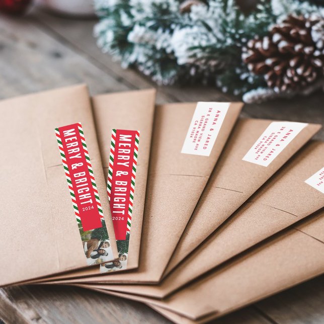 Modern Christmas Merry and Bright Photo Address Wrap Around Label (Creator Uploaded)