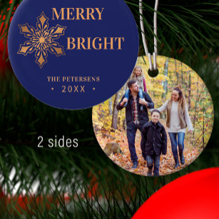 Modern Christmas Merry and Bright photo gold  Ceramic Ornament