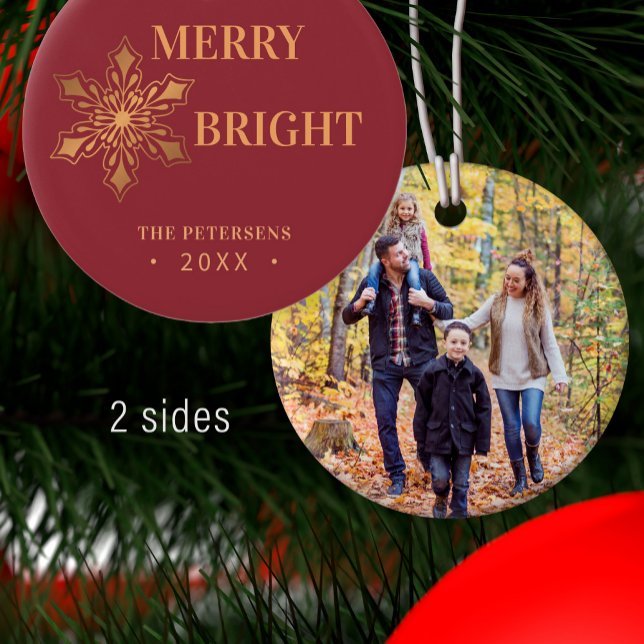 Modern Christmas Merry and Bright photo gold  Ceramic Ornament (Creator Uploaded)