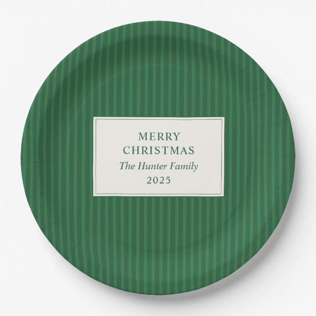Modern Christmas Minimal Holiday Green Stripes Paper Plate (Front)