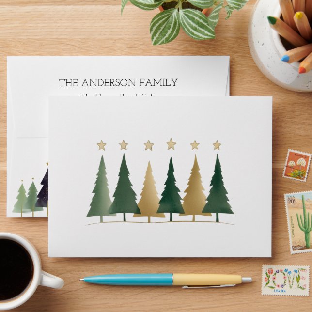 Modern Christmas Minimalist Pine Trees Green Envelope (Desk)
