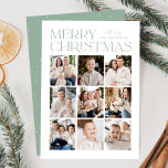 Modern Christmas Mint Green 9 Photo Collage Holiday Card<br><div class="desc">Modern Christmas photo card featuring "Merry Christmas" displayed at the top of the design in trendy mint lettering with a white background. A photo collage of 9 photos is shown below in a grid-style layout. Personalise the multi-photo Christmas card with your family name. The card reverses to display a mint...</div>