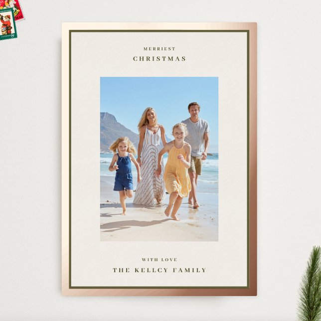 Modern Christmas Moss Green Photo Frame Rose Gold Foil Holiday Card (Creator Uploaded)