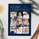 Modern Christmas Navy 9 Photo Collage Holiday Card<br><div class="desc">Modern Christmas photo card featuring "Merry Christmas" displayed at the top of the design in trendy white lettering with a navy background. A photo collage of 9 photos is shown below in a grid-style layout. Personalize the multi-photo Christmas card with your family name. The card reverses to display a navy...</div>