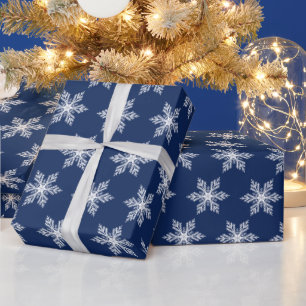 Modern Christmas Navy Blue and White Snowflakes Wrapping Paper