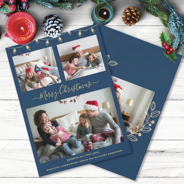 Modern Christmas Navy Blue Gold Collage Photo  Holiday Card (Creator Uploaded)