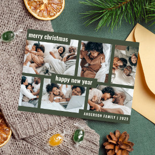 Modern Christmas New Year Six Photo Collage Green Holiday Card