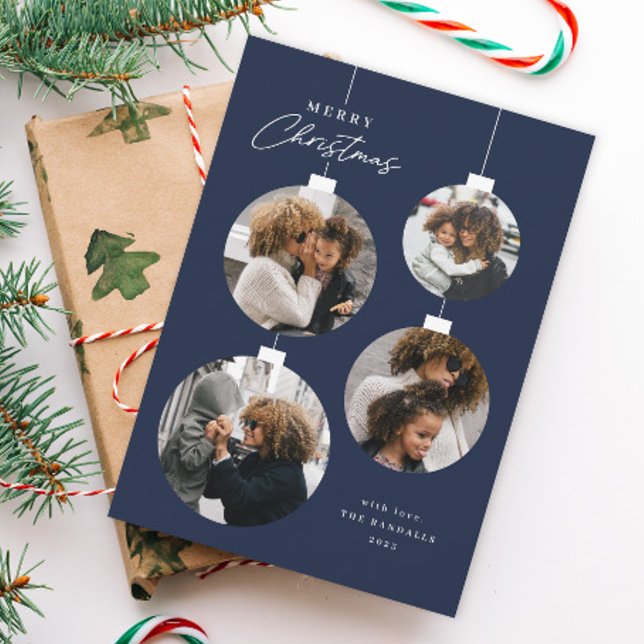 Modern Christmas Ornament 4 Photo Holiday Card (Blue and white 4 photo Christmas ornament holiday card.)