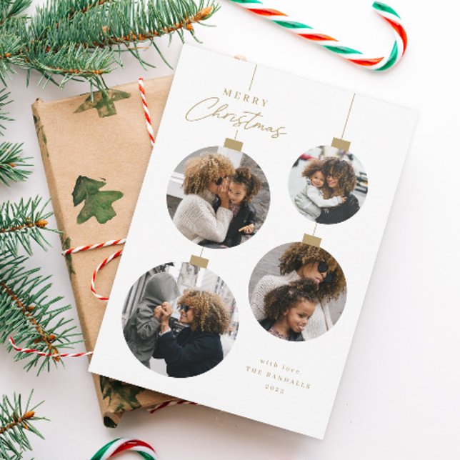 Modern Christmas Ornament 4 Photo Holiday Card (Gold and white 4 photo Christmas ornament holiday card.)