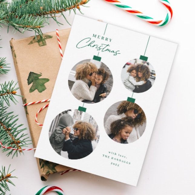 Modern Christmas Ornament 4 Photo Holiday Card (Green and white 4 photo Christmas ornament holiday card.)