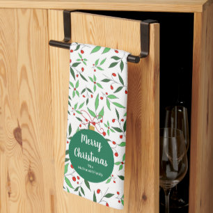 Modern Christmas ornament family name botanical Tea Towel