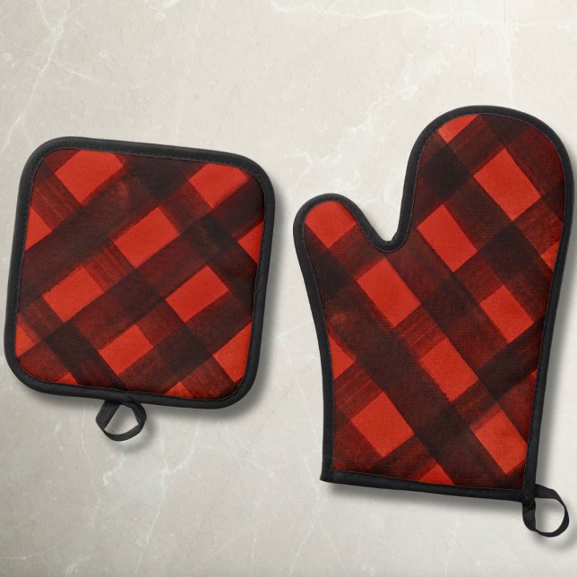 Modern Christmas Painted Red Black Plaid Tartan Oven Mitt & Pot Holder Set (Creator Uploaded)