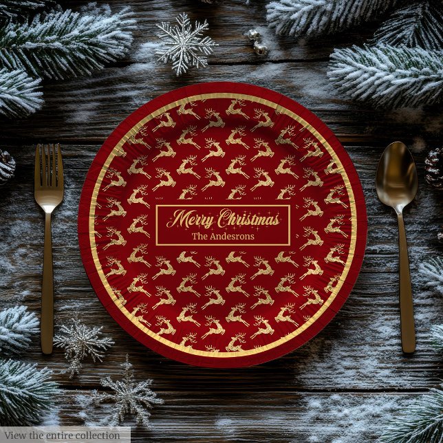 Modern Christmas Paper Plates Red & Gold Reindeer (Modern Christmas Paper Plates Red & Gold Reindeer)
