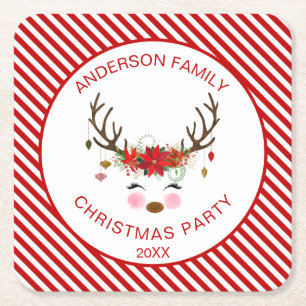 Modern Christmas Party Personalised Reindeer Square Paper Coaster