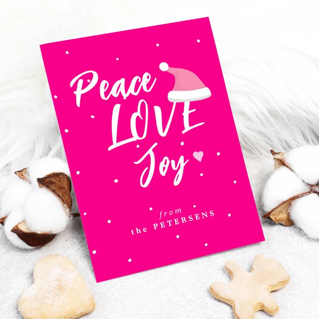 Modern Christmas peace love joy script pink Holiday Card (Creator Uploaded)