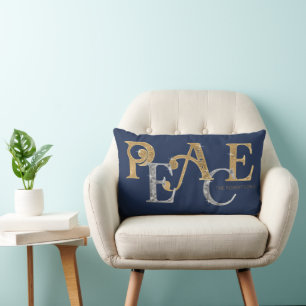 Modern Christmas Peace Navy Blue Gold Silver Name Lumbar Cushion