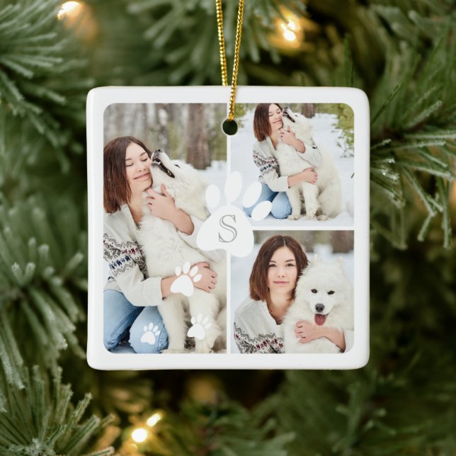 Modern Christmas Pet Monogram Four Photo Collage Ceramic Ornament (Tree)