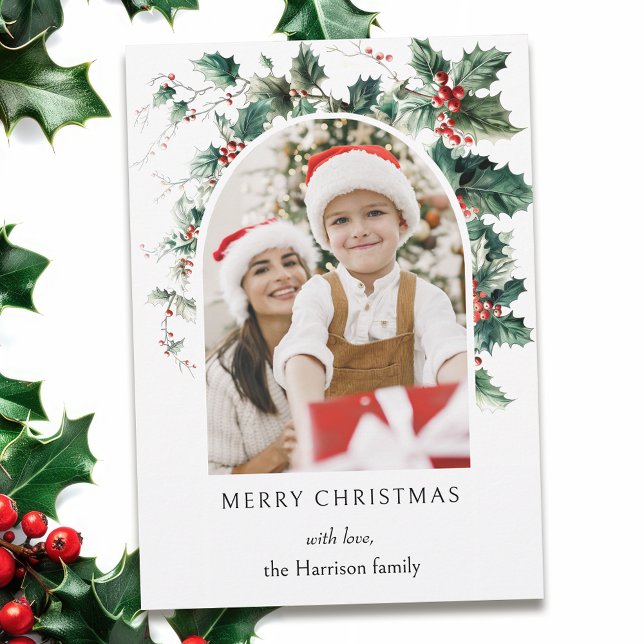Modern Christmas Photo Arch w/Holly Holiday Card (Creator Uploaded)