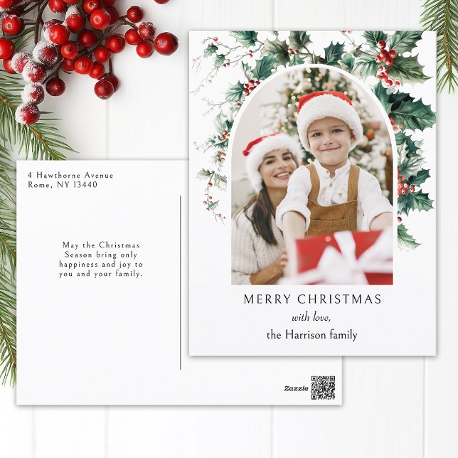Modern Christmas Photo Arch w/Holly Holiday Postcard (Creator Uploaded)