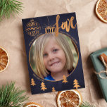 Modern Christmas photo faux metallic copper navy Holiday Card<br><div class="desc">Modern family winter holiday greeting card featuring shiny metallic gold copper pine trees pattern,  "love" brushed script,  and a big tree globe ornament with your photo inside over a dark midnight blue chalkboard background.             Easy to personalise with your photo and text!</div>