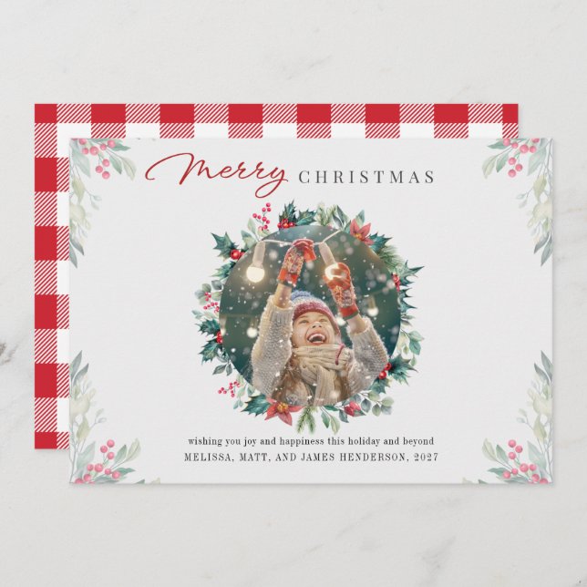 Modern Christmas Photo Gingham Botanical Holiday Card (Front/Back)
