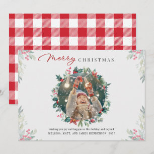 Modern Christmas Photo Gingham Botanical Holiday Card