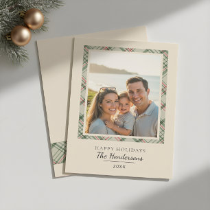 Modern Christmas Photo Sage Green Tartan Plaid Holiday Card