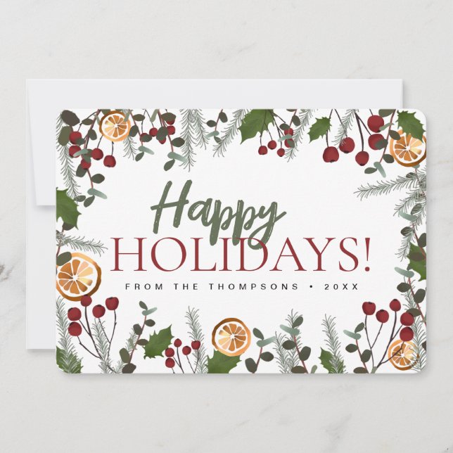 Modern Christmas pine holly oranges Happy Holidays Holiday Card (Front)