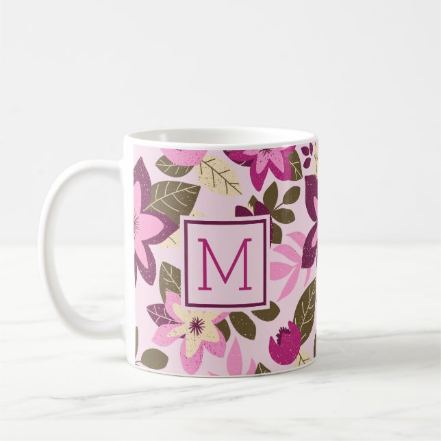 Modern Christmas Pink Floral Monogram Holiday Coffee Mug (Left)