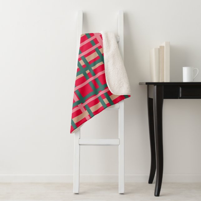 Modern Christmas Plaid Bright Red Green Lines Sherpa Blanket (In Situ)
