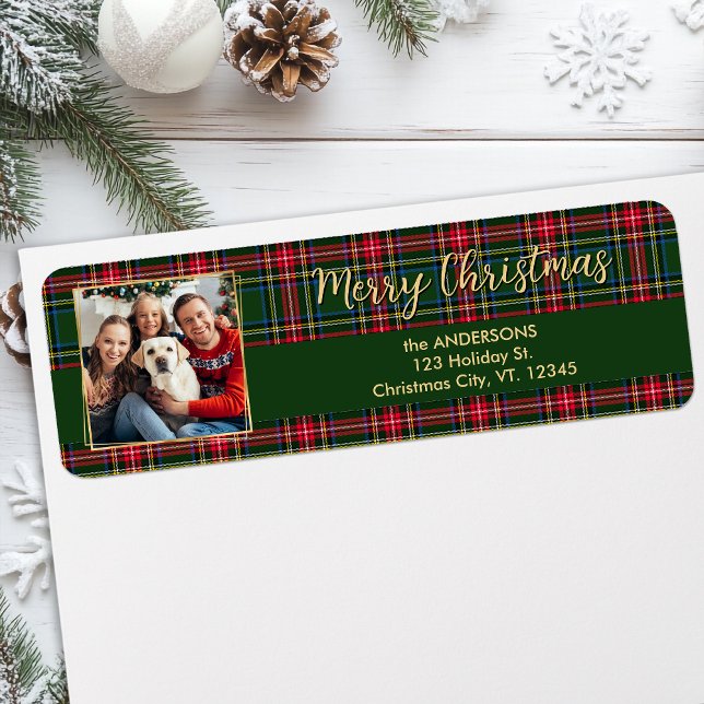 Modern Christmas Plaid Gold Photo Return Address Label (Creator Uploaded)