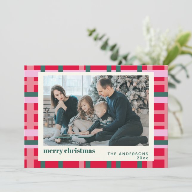 Modern Christmas Plaid Red Green Custom Photo Holiday Card (Standing Front)