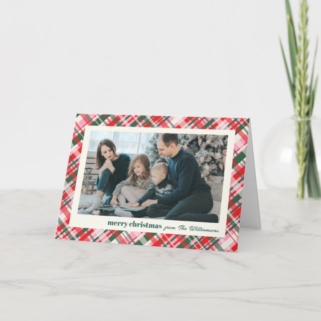 Modern Christmas Plaid Red Green Photo Folded Holiday Card (Front)