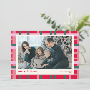 Modern Christmas Plaid Red Green Pink Custom Photo Holiday Card