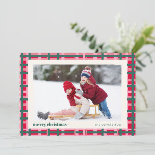 Modern Christmas Plaid Red Green Two Photo Holiday Card