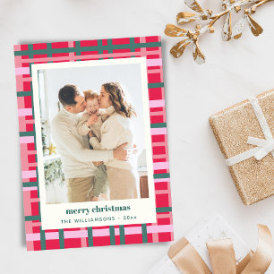 Modern Christmas Plaid Red Green Vertical 2 Photo Holiday Card